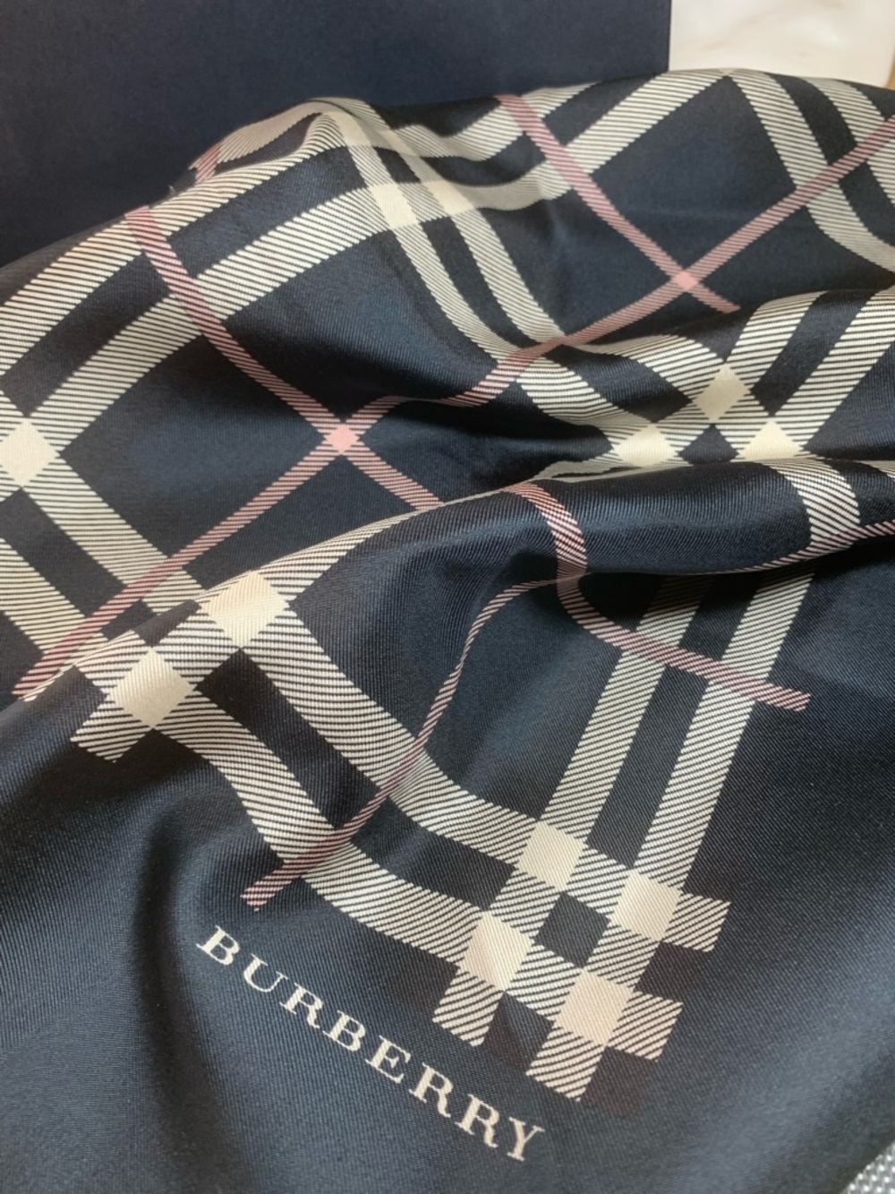 Pre Owned Burberry Black Plaid Logo Silk Scarf with Cream and Pink Accents